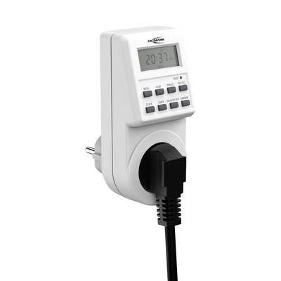 Digitale Zeitschaltuhr in Steckdose mit LCD-Anzeige. Zeigt Zeit an, hat Tasten für Einstellungen und Steckdose für Stromkabel.