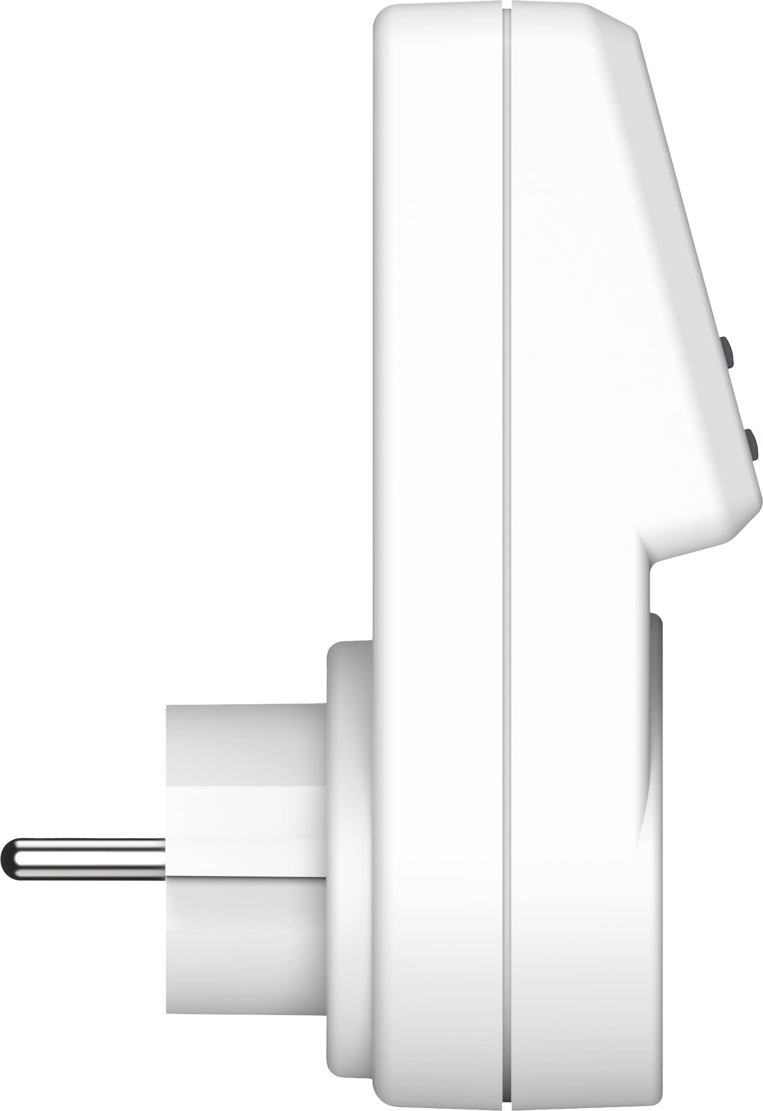 Weiße, seitliche Ansicht eines elektronischen Geräts mit einem europäischen Stecker.