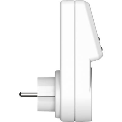 Weiße, seitliche Ansicht eines elektronischen Geräts mit einem europäischen Stecker.