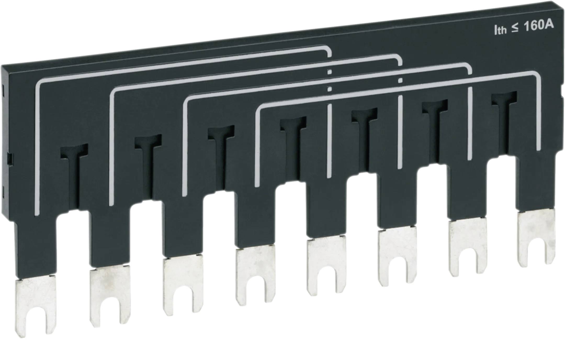 Ein schwarzer Sammelschienenverbinder mit mehreren Metallzinken für elektrische Anwendungen, gekennzeichnet mit 'Ith ≤ 160A'.