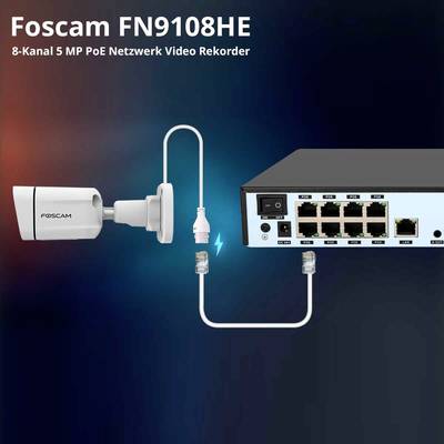 'Foscam FN9108HE' 8-Kanal 5 MP PoE Netzwerkrekorder, zeigt Kamera und Netzwerkkabelverbindungen.