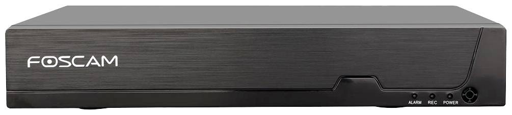 Schwarzer Foscam-Überwachungsrekorder mit vier Status-LEDs an der Vorderseite. Der Markenname 'FOSCAM' ist links angebracht.