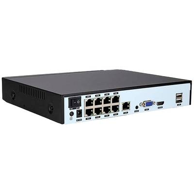 Ein schwarzes Netzwerkgerät mit mehreren Ethernet-Ports, VGA-Anschluss und USB-Anschlüssen, geeignet für Büro- oder Heimnetzwerke.