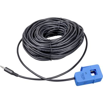 Eine lange, aufgewickelte schwarze Kabelrolle, verbunden mit einem blauen elektronischen Sensor mit Stecker am Ende.