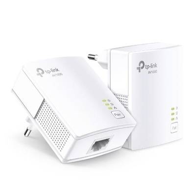 Zwei weiße TP-Link Powerline-Netzwerkadapter, Modell AV1000. Einer zeigt die Ethernet-Anschlüsse, der andere die LEDs für Statusanzeigen.
