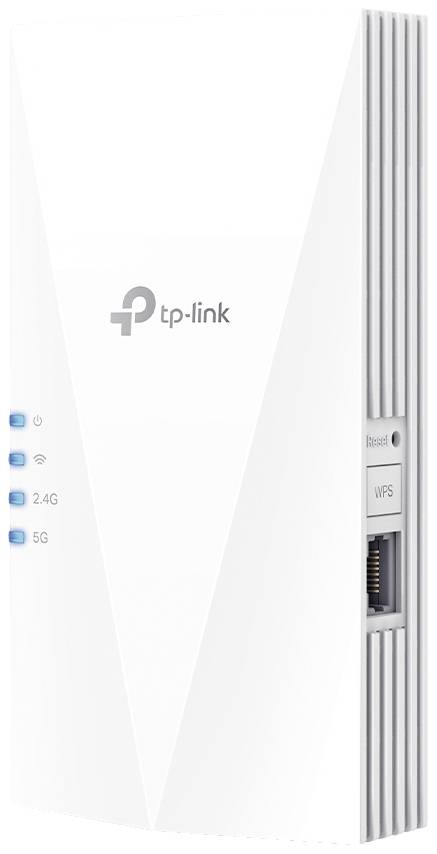 Ein weißer TP-Link WLAN-Repeater mit zwei Leuchtanzeigen für 2.4G und 5G auf der linken Seite. Auf der rechten Seite eine Ethernet-Buchse und ein WPS-Knopf.