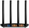 Rückansicht eines schwarzen WLAN-Routers mit vier Antennen, einem blauen WAN-Port, drei orangefarbenen LAN-Ports und einem Netzteilanschluss.