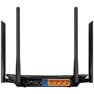 Ein WLAN-Router mit vier Antennen und mehreren Ethernet-Ports auf der Rückseite, zeigt Anschlussmöglichkeiten für Netzwerkkabel.