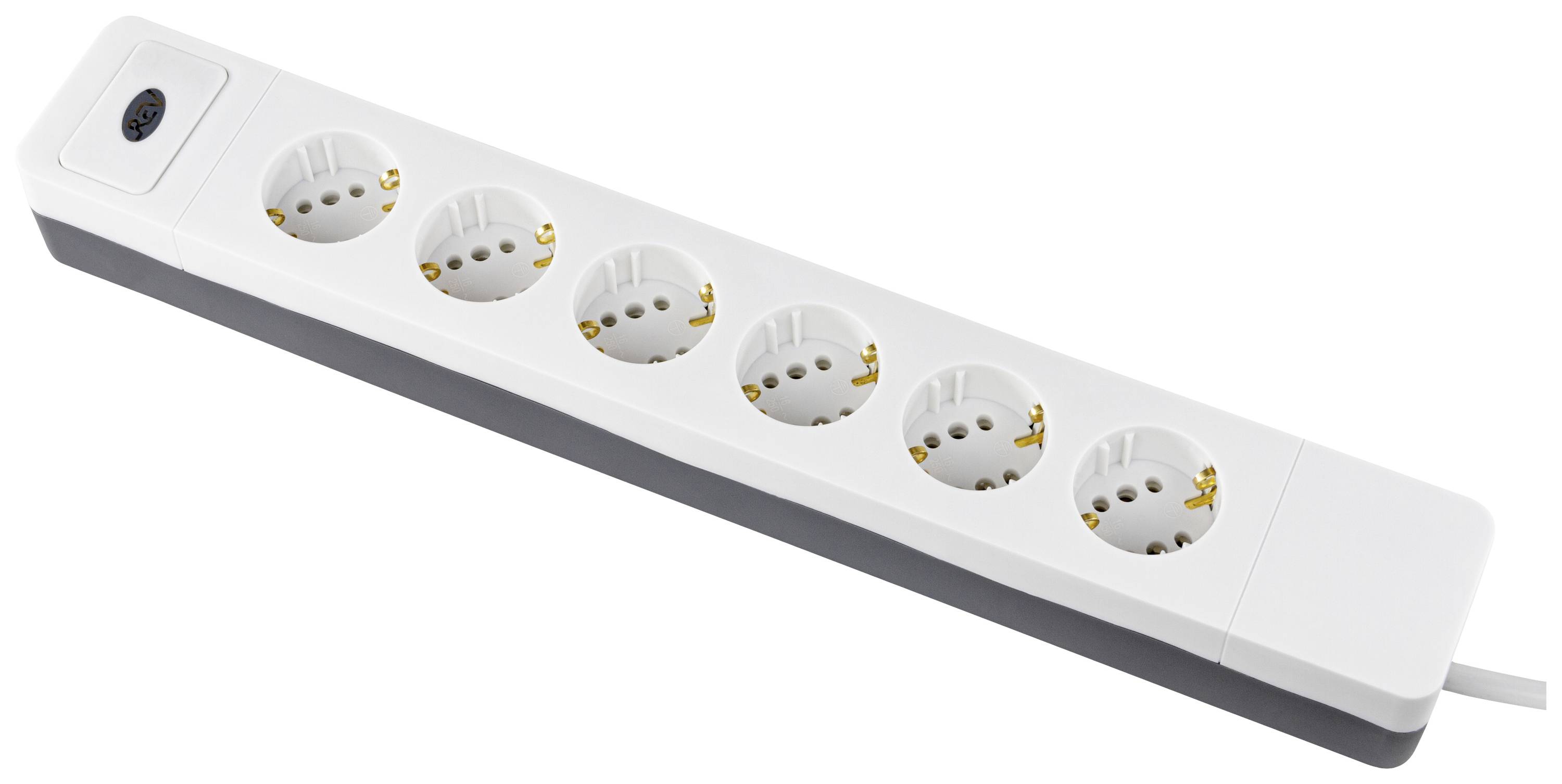 Weiße Mehrfachsteckdosenleiste mit sechs Schuko-Steckdosen, geeignet zur Stromverteilung an mehrere Geräte.