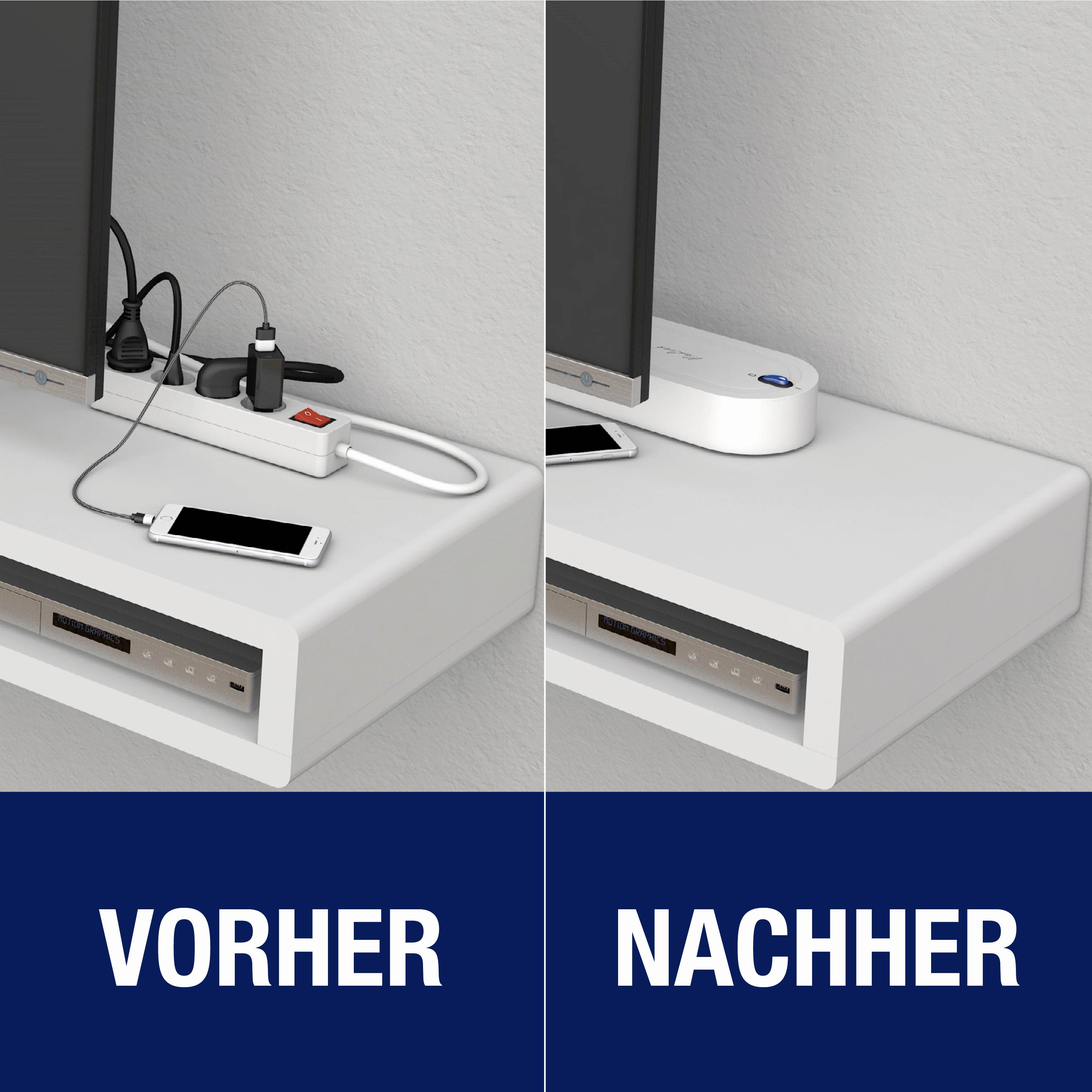 Vorher: Unordnung mit Kabeln und Ladegeräten. Nachher: Aufgeräumter Tisch ohne sichtbare Kabel. Text: 'Vorher', 'Nachher'.