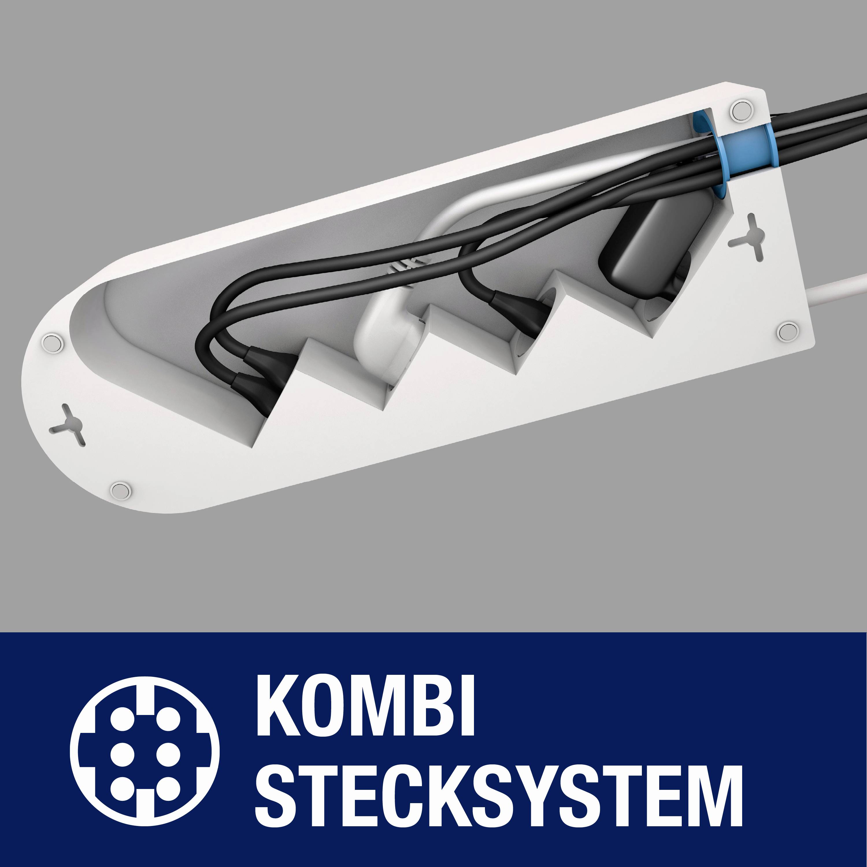 Ein weißes Kabelmanagement-System in einem grauen Hintergrund mit mehreren Kabeln. Unten Logo und Text 'Kombi Stecksystem'.