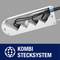 Ein weißes Kabelmanagement-System in einem grauen Hintergrund mit mehreren Kabeln. Unten Logo und Text 'Kombi Stecksystem'.