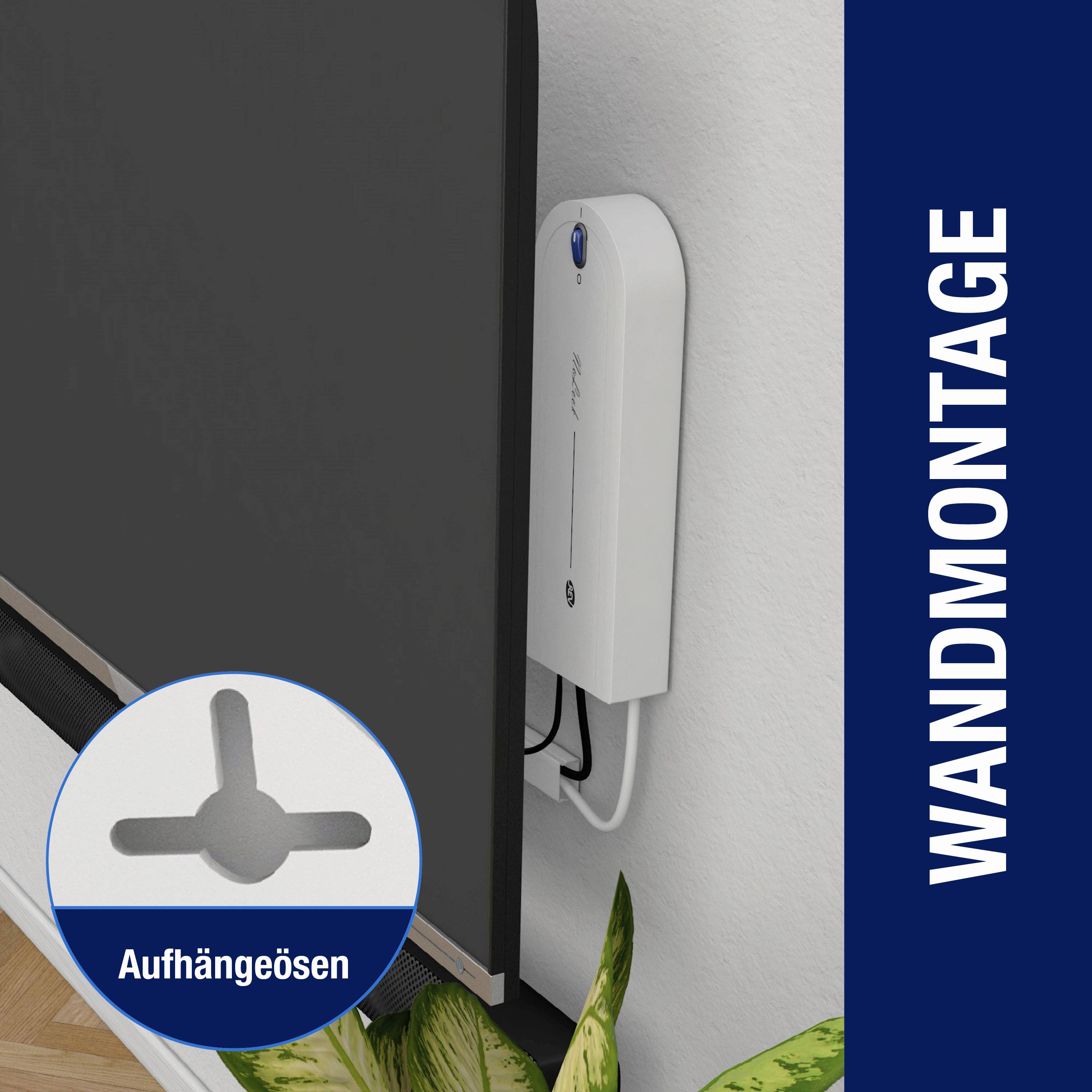 Ein Fernseher an der Wand montiert mit einer Nahaufnahme der Aufhängeösen. Rechts steht vertikal 'Wandmontage'.