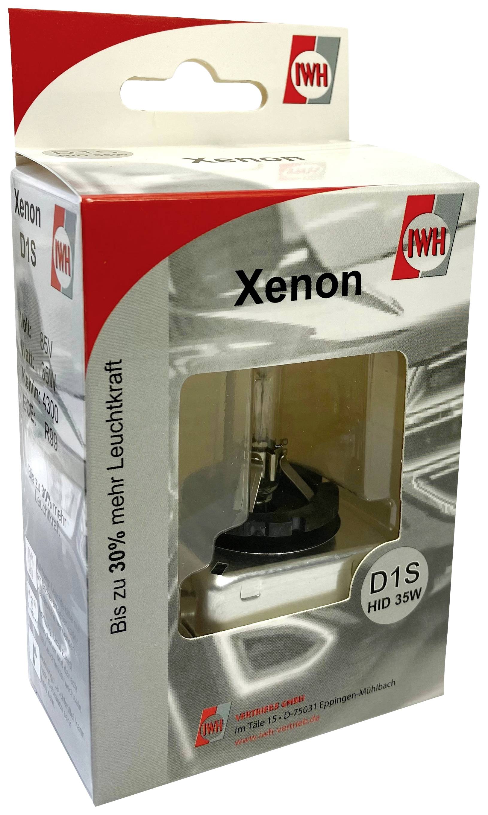Die Verpackung einer Xenon D1S HID 35W Lampe von IWH, verspricht 'Bis zu 30 % mehr Leuchtkraft'.