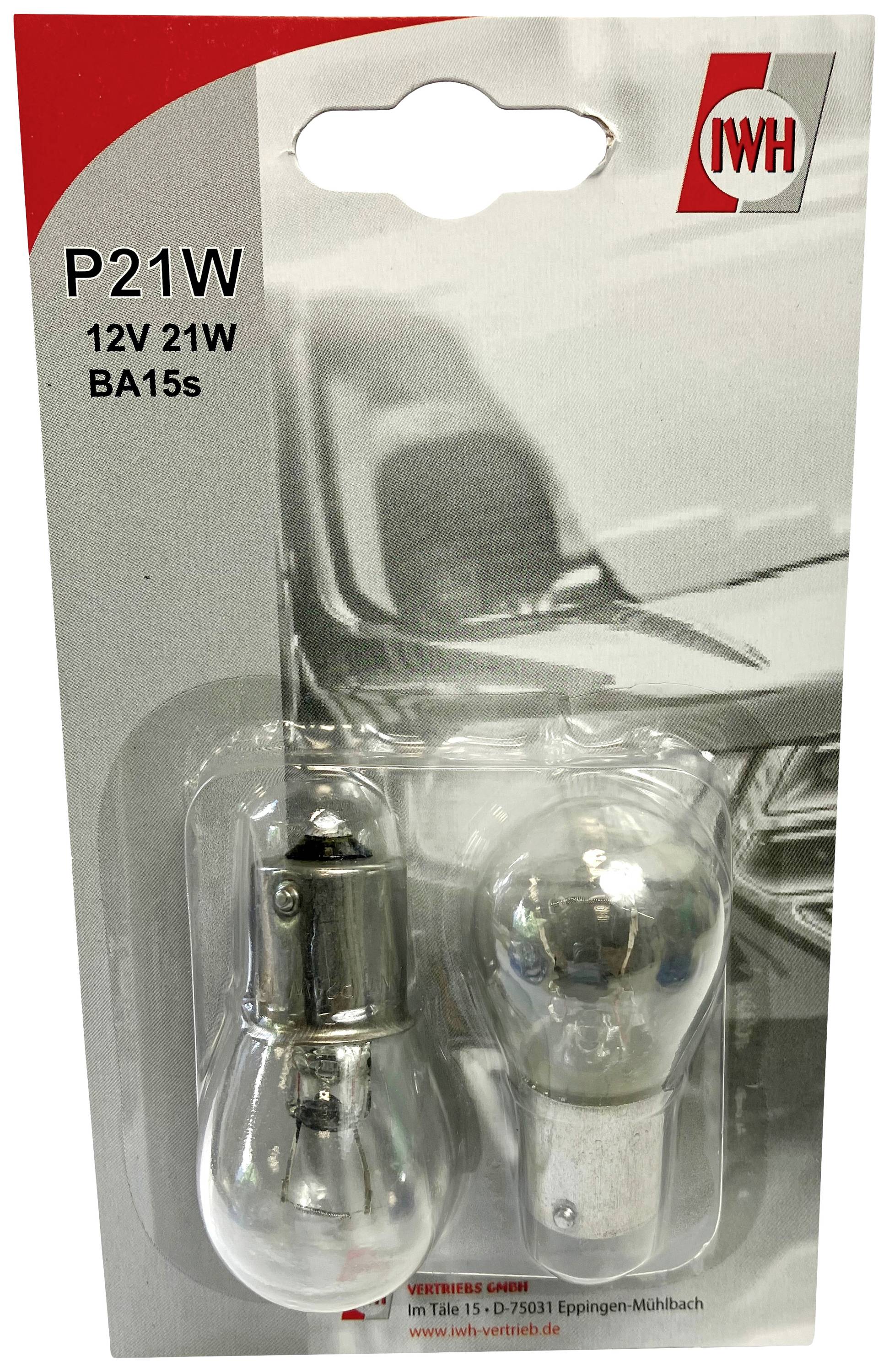 Glühlampe P21W, 12V 21W, Sockel BA15s, auf einer Blisterverpackung. Verpackung zeigt Fahrzeugscheinwerfer im Hintergrund.