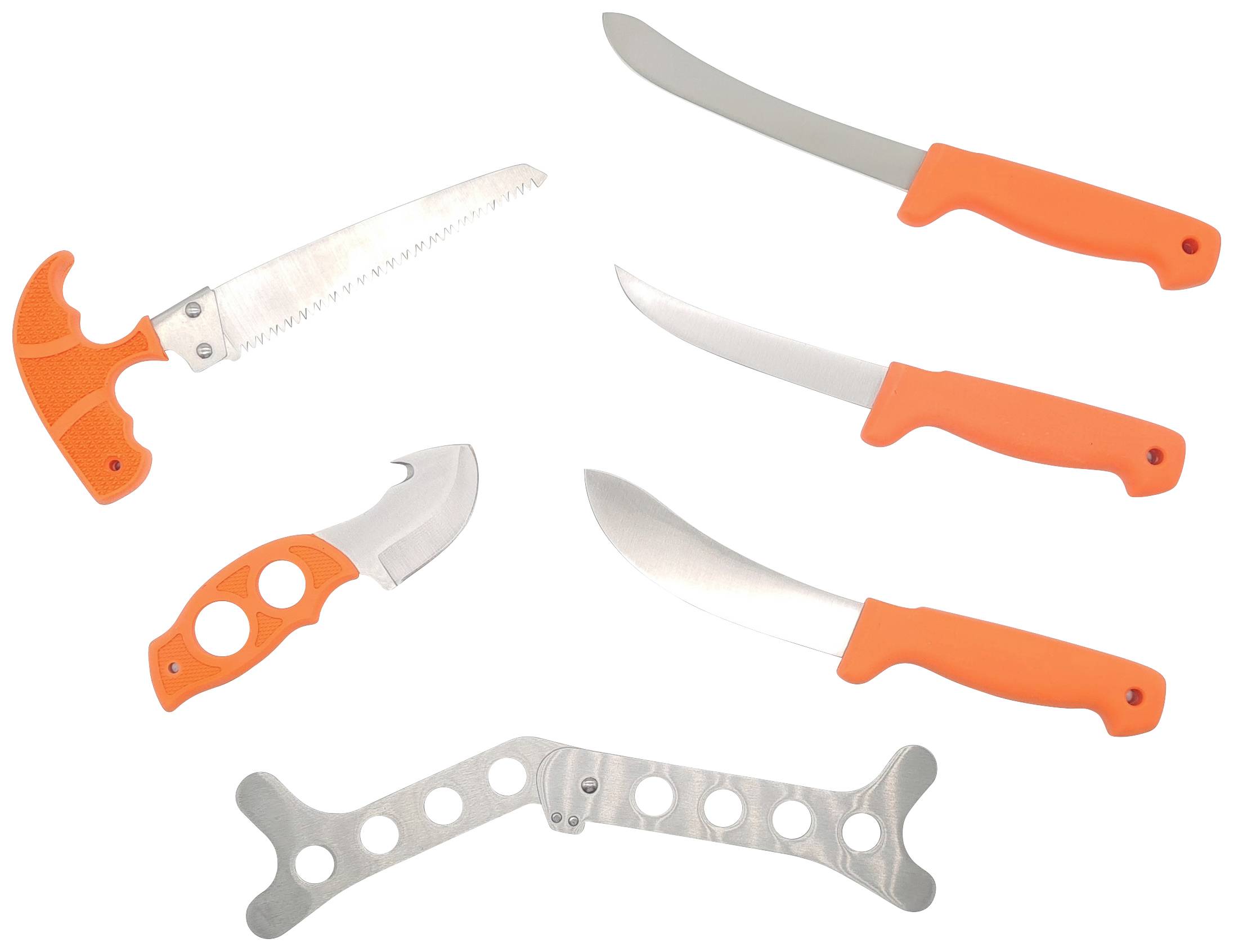 Fünf verschiedene Jagdmesser mit orangefarbenen Griffen und einer Metallschiene. Enthält ein Säge- und ein Häutemesser.