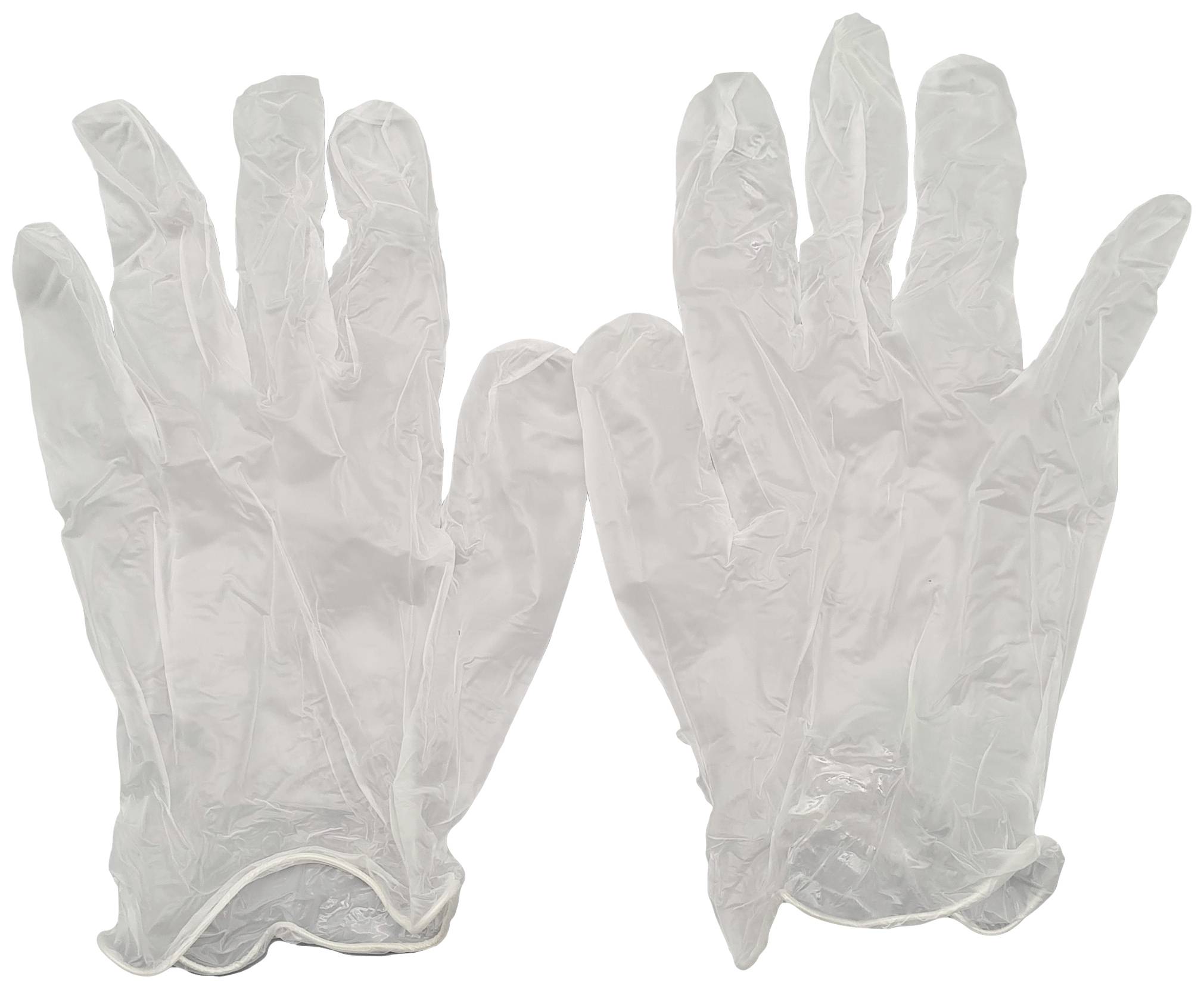 Zwei durchsichtige Einweghandschuhe liegen nebeneinander auf einer weißen Oberfläche.