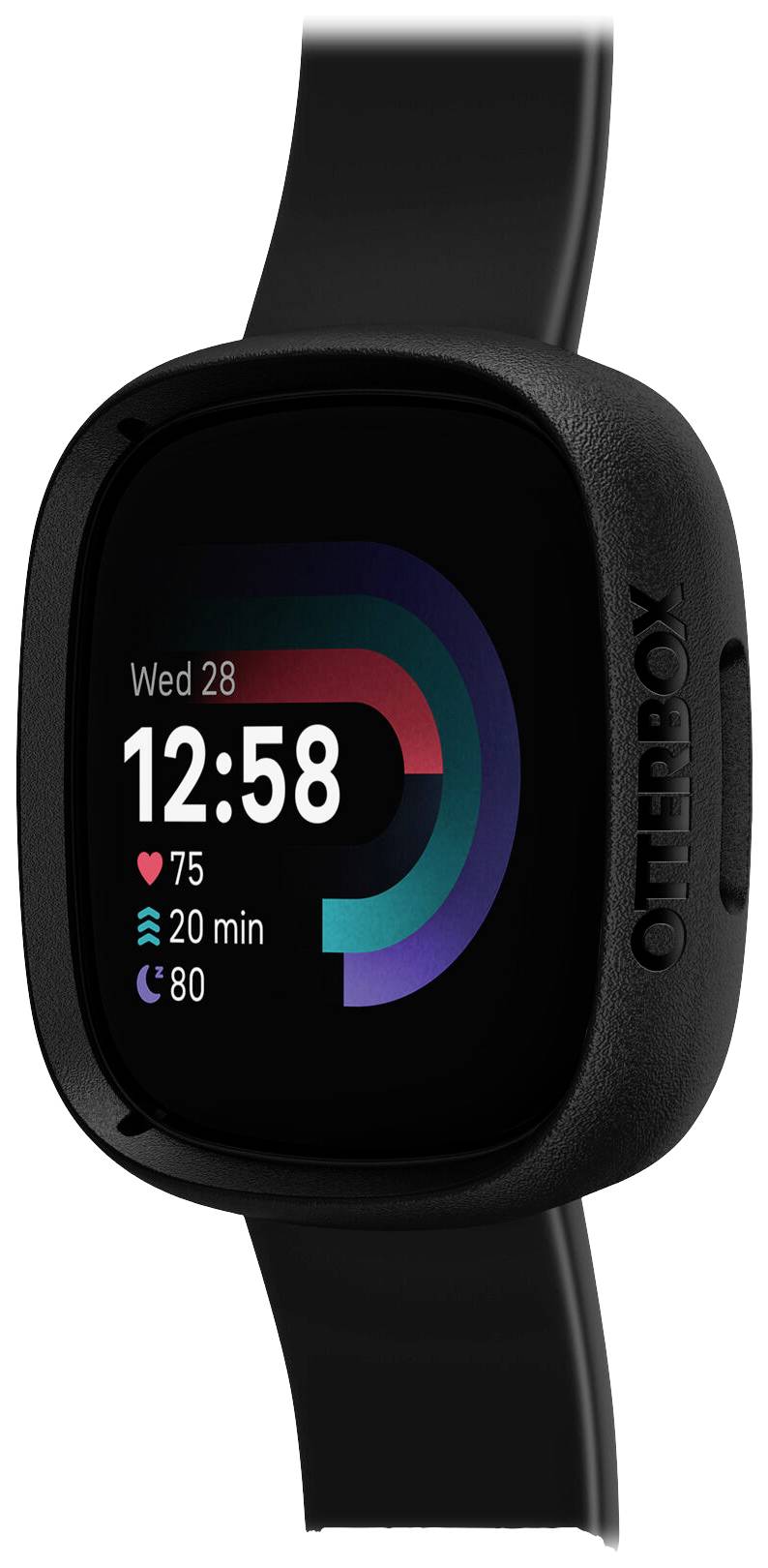 Eine schwarze Smartwatch zeigt Uhrzeit, Datum und Herzfrequenz (75 bpm), Schrittzähler (20 Min.) und Kalorienverbrauch (80 Kal.).