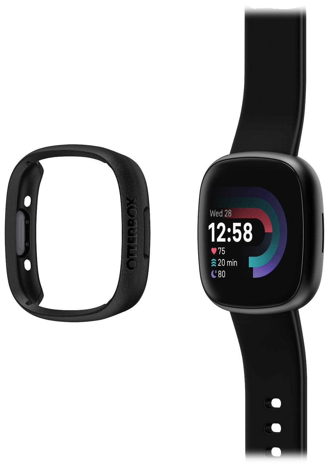Zwei schwarze Smartwatch-Uhren: eine ohne Armband, die andere mit einem schwarzen Armband und einem Bildschirm, der Gesundheitsdaten zeigt.