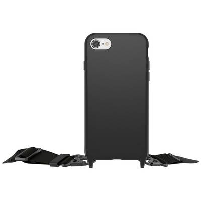 Ein schwarzes Smartphone-Case mit integriertem Ständer, auf dem Tisch stehend, mit zwei ausklappbaren Beinen und einem Trageband.