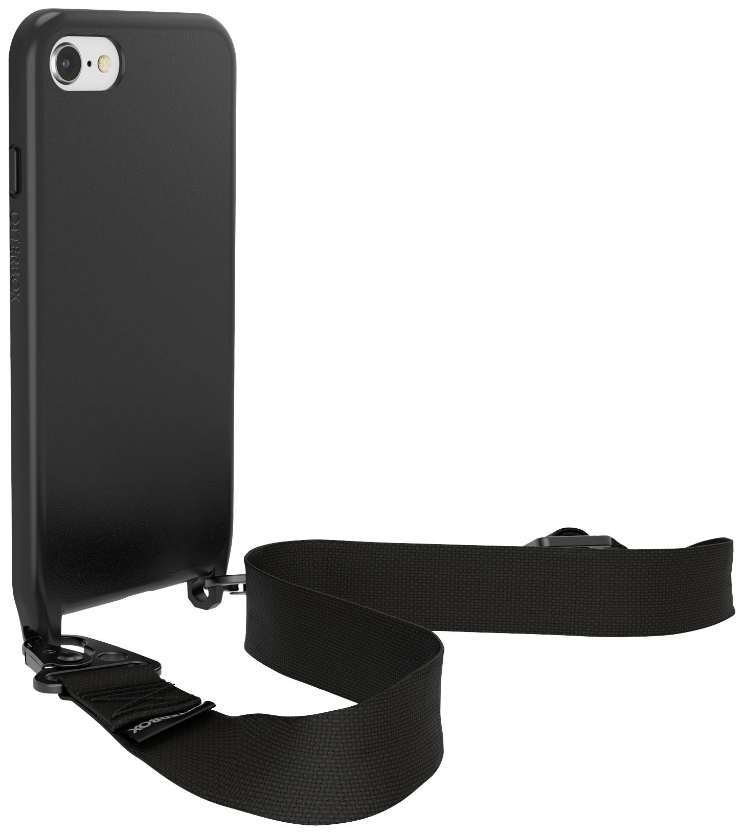 Schwarzes Smartphone in einer Hardcase-Hülle mit einem daran befestigten, verstellbaren Trageriemen.