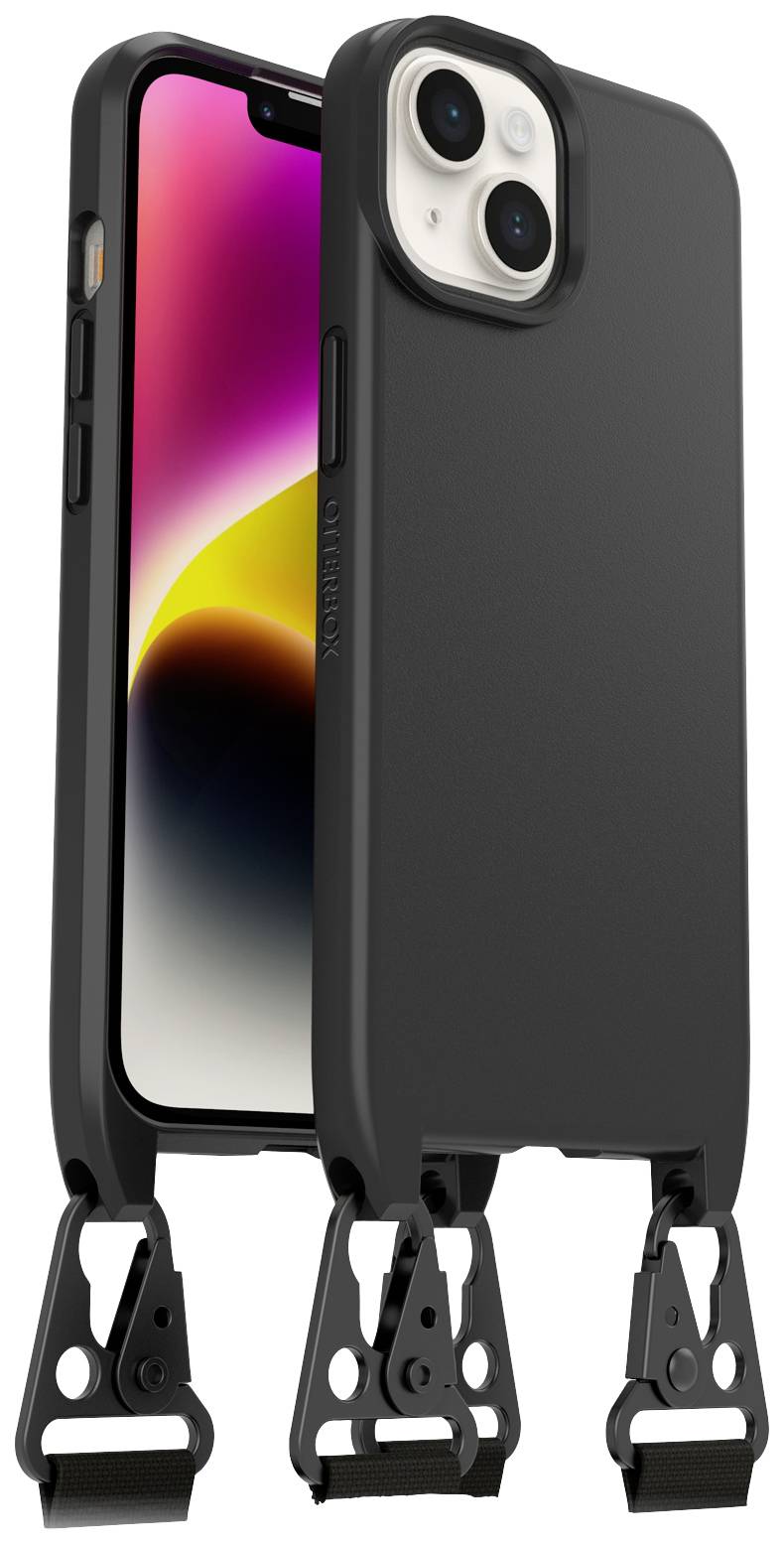 Schwarzes Smartphone mit glänzendem Display und Rückseite. Auffällige Haken an der Unterseite des Gehäuses für Befestigung.