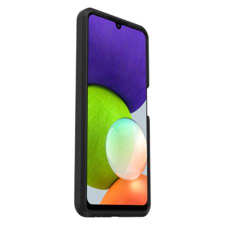 Smartphone mit schwarzem Rahmen, Display zeigt bunte, übereinanderliegende Kugeln in Lila, Grün, Weiß und Orange.