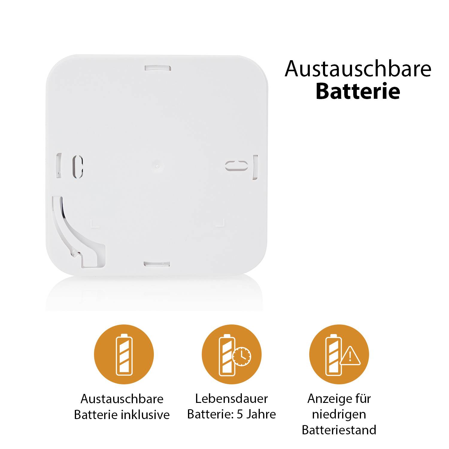 Austauschbare Batterie, Anzeige für niedrigen Batteriestand, Lebensdauer 5 Jahre, austauschbare Batterie inklusive.