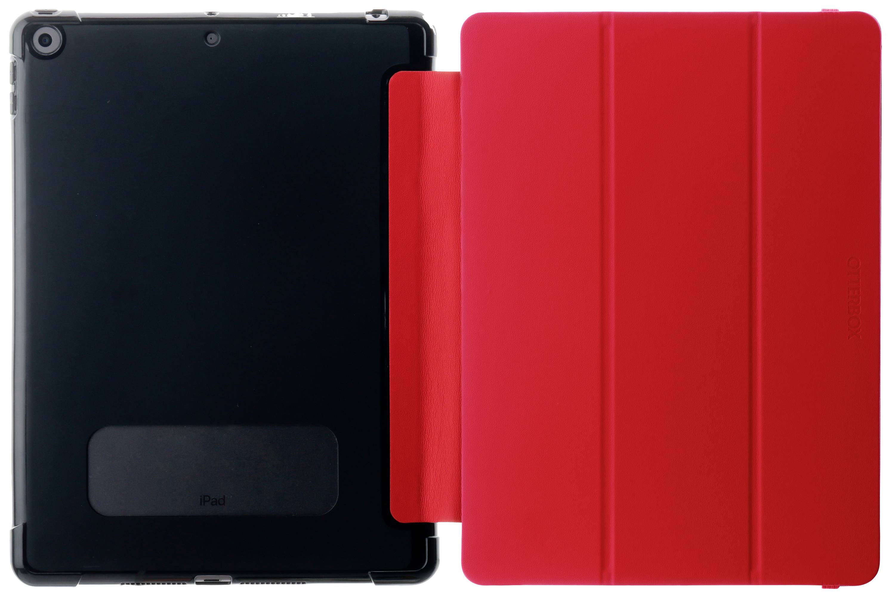 Ein schwarzes Tablet neben einem roten Tablet-Etui. Das Etui ist teilweise geöffnet, zeigt seine Funktion als Schutzabdeckung.