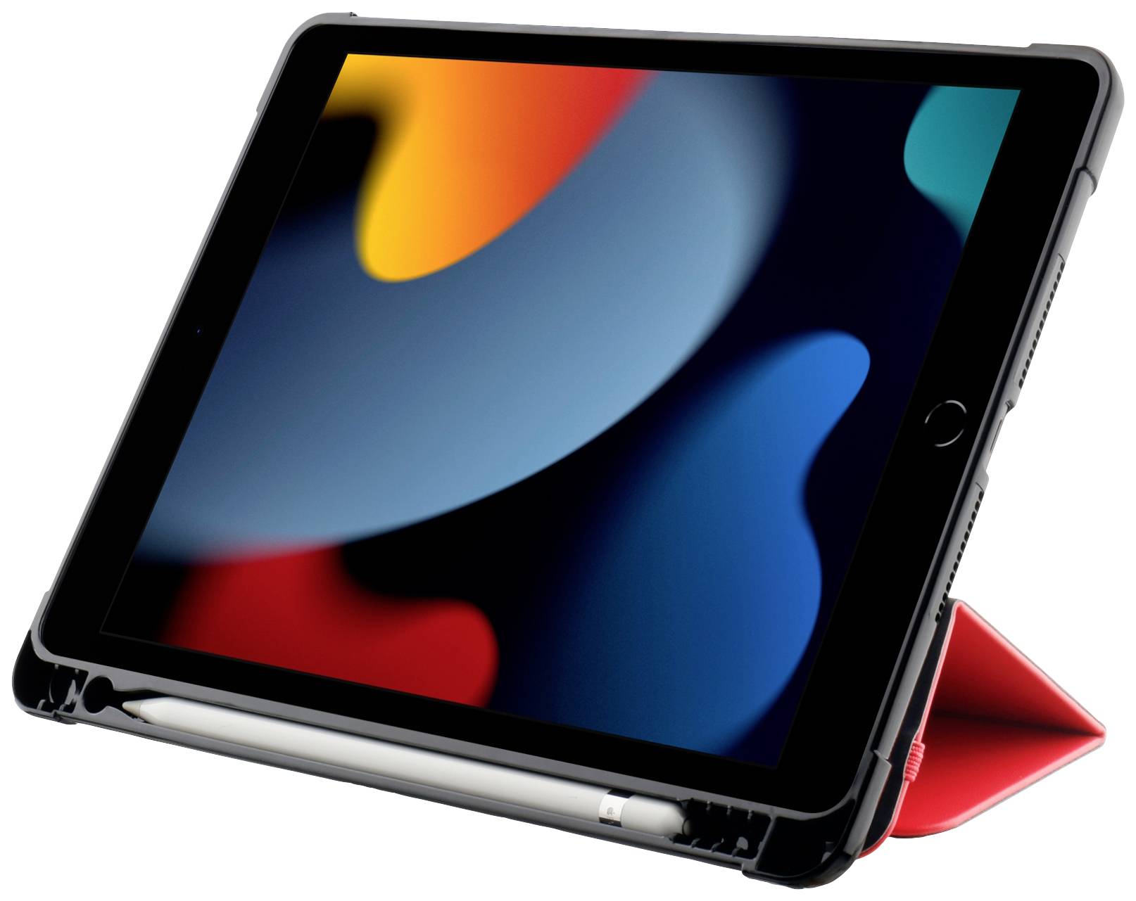 Ein Tablet mit einem stylischen Muster auf dem Bildschirm, auf einem roten Ständer platziert. Ein Stift ist an der Unterseite befestigt.