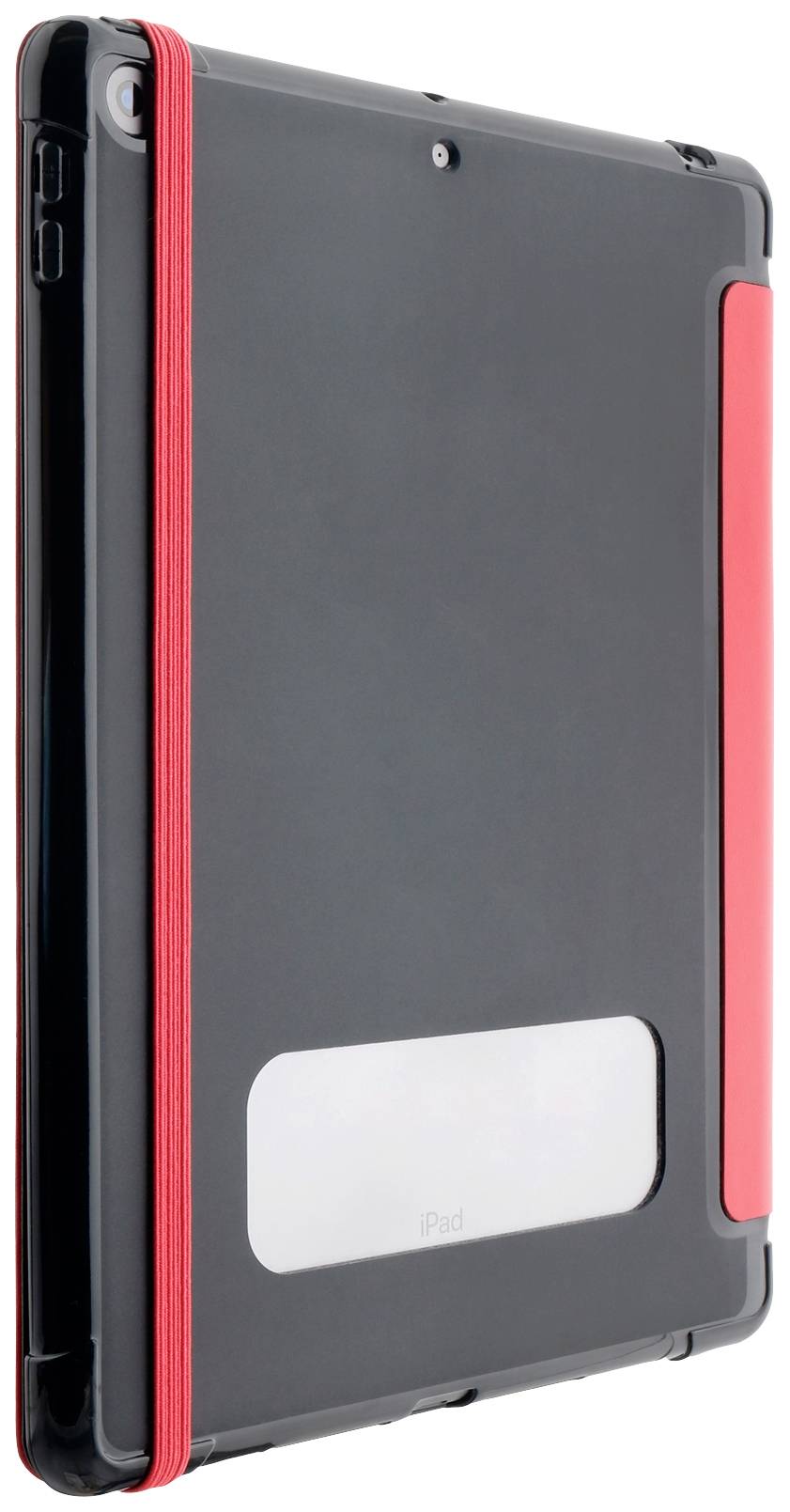 Ein schwarzes Tablet im schwarzen und roten Schutzcover, aufrecht stehend.