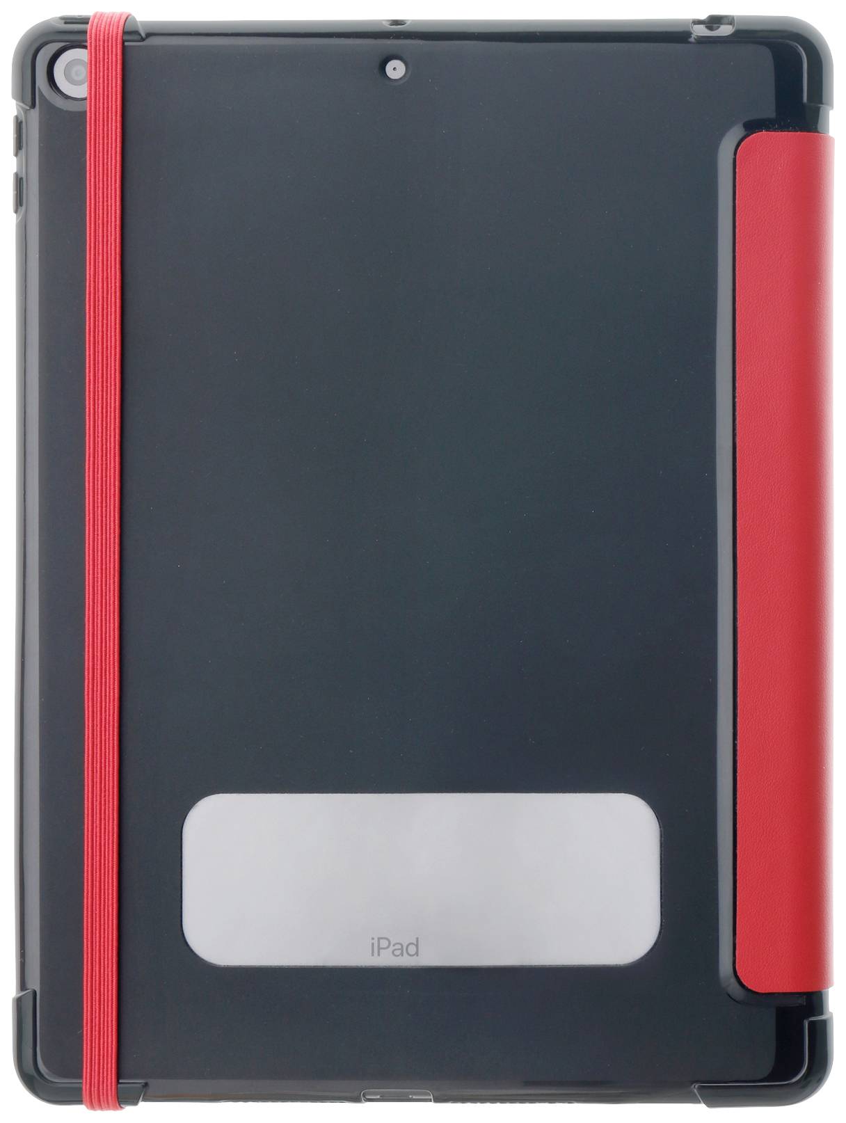 Ein Tablet mit schwarzem Gehäuse und roter Hülle, gehalten von einem roten Band. Sichtbar ist der Rückseite mit Kameraaussparung.