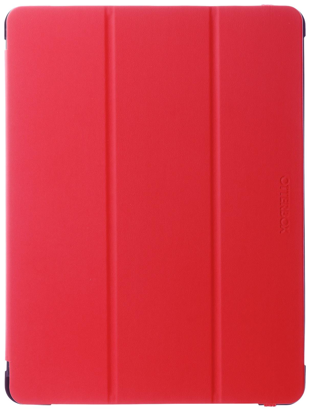 Ein rotes Tablet-Case liegt flach auf einer Oberfläche. Es hat eine glatte Textur und ist in drei gleiche Abschnitte unterteilt.