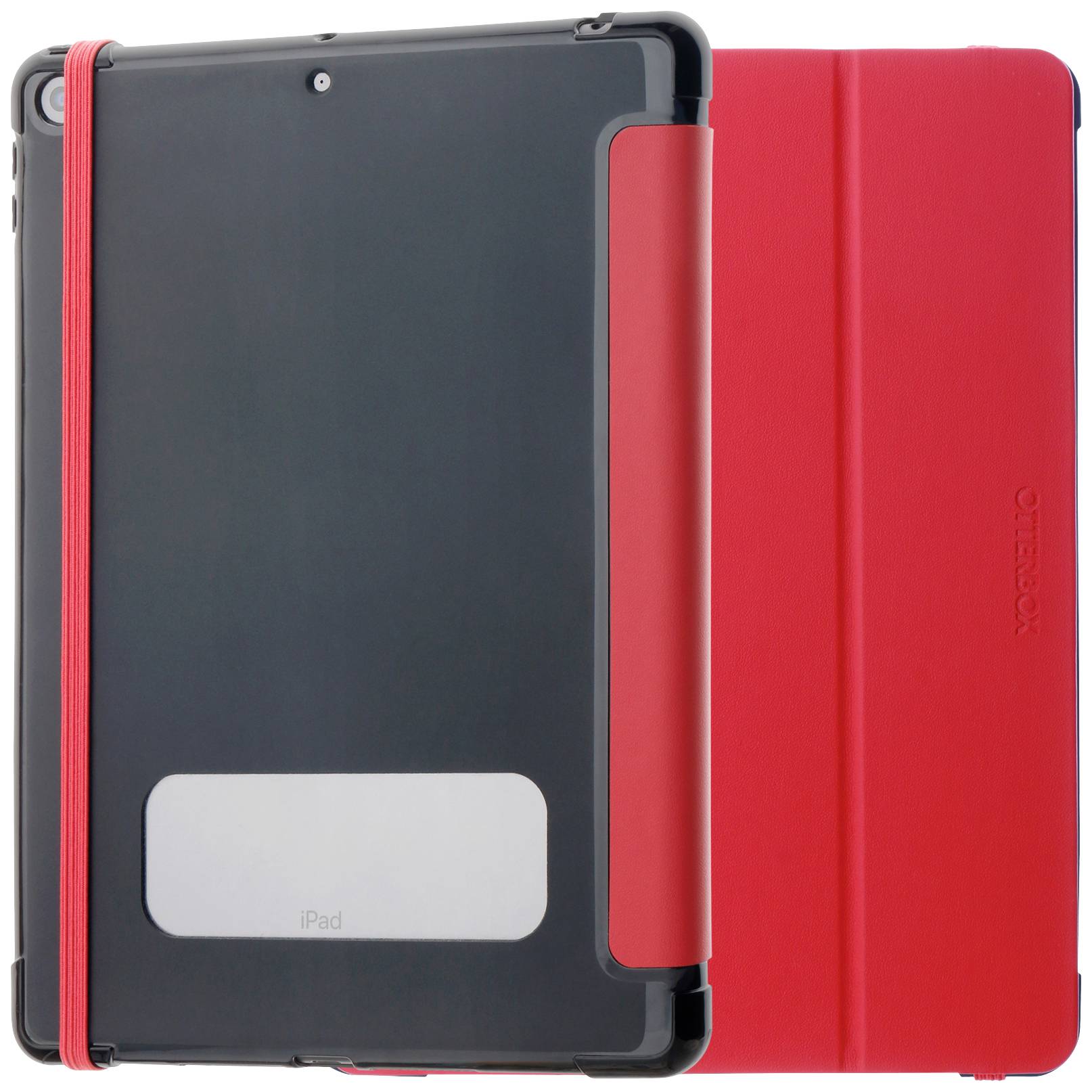 Rotes Tablet-Case mit schwarzer Rückseite und rotem Verschluss, stehend und liegend gezeigt.