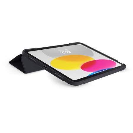 Ein Tablet mit bunter Kreisgrafik auf dem Bildschirm steht schräg auf einem Tisch. Ein schwarzes Etui dient als Ständer.