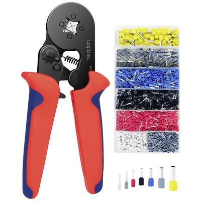 Crimpzange mit rotem und blauem Griff neben einem Organizer mit sortierten Kabelschuhen in verschiedenen Farben und Größen.