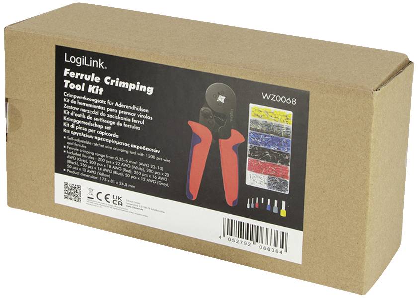 Kartonschachtel mit Aufdruck 'Ferrule Crimping Tool Kit von LogiLink'. Zeigt Crimpwerkzeug und fünf verschiedene Kabelschuhgrößen.