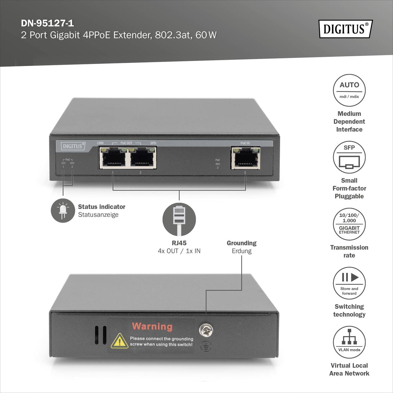 DIGITUS - 2-Port Gigabit 4PPoE Extender, 802.3at, 60 W-5