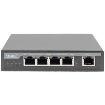 Ein grauer Netzwerk-Switch mit fünf Ethernet-Ports, gekennzeichnet als '1' bis '5'. Port '5' ist mit 'PoE IN' beschriftet.