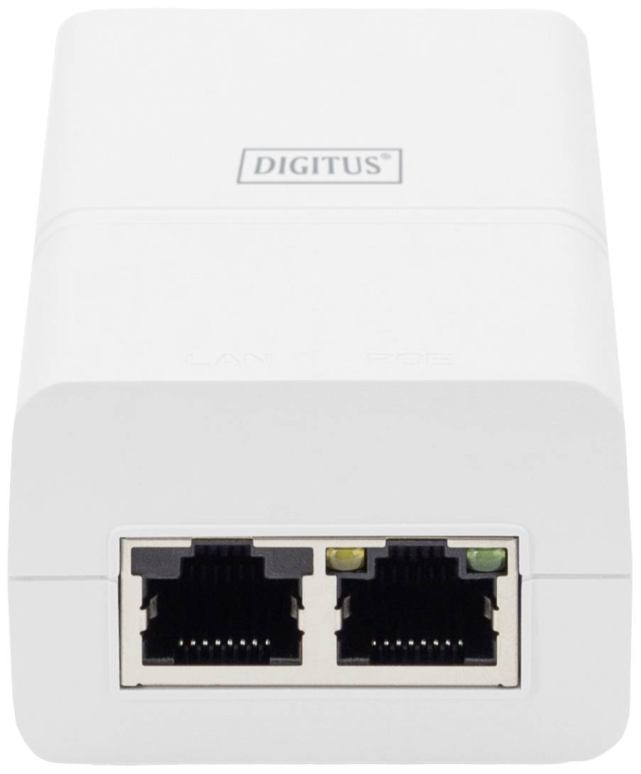 Ein weißer PoE-Injektor mit zwei Ethernet-Anschlüssen auf der Vorderseite, beschriftet mit 'LAN' und 'PoE'. Markenlogo oben.