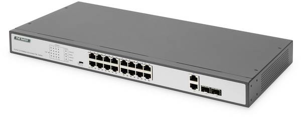 DIGITUS - 16-Port Fast Ethernet PoE Netzwerkswitch, 19 Zoll, unmanaged, 2 Uplink Ports, SFP, 250 W, af/at