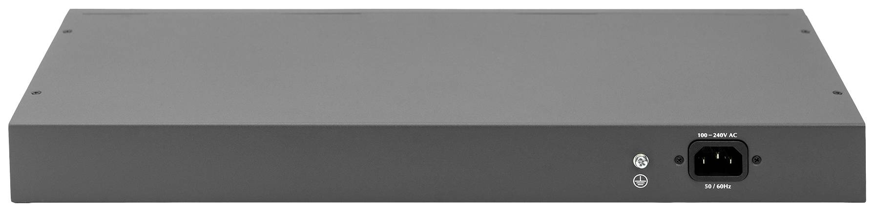 Ein flacher, rechteckiger Netzwerkswitch in dunklem Metallgehäuse mit Anschlüssen hinten und Lüftungsschlitzen an der Seite.