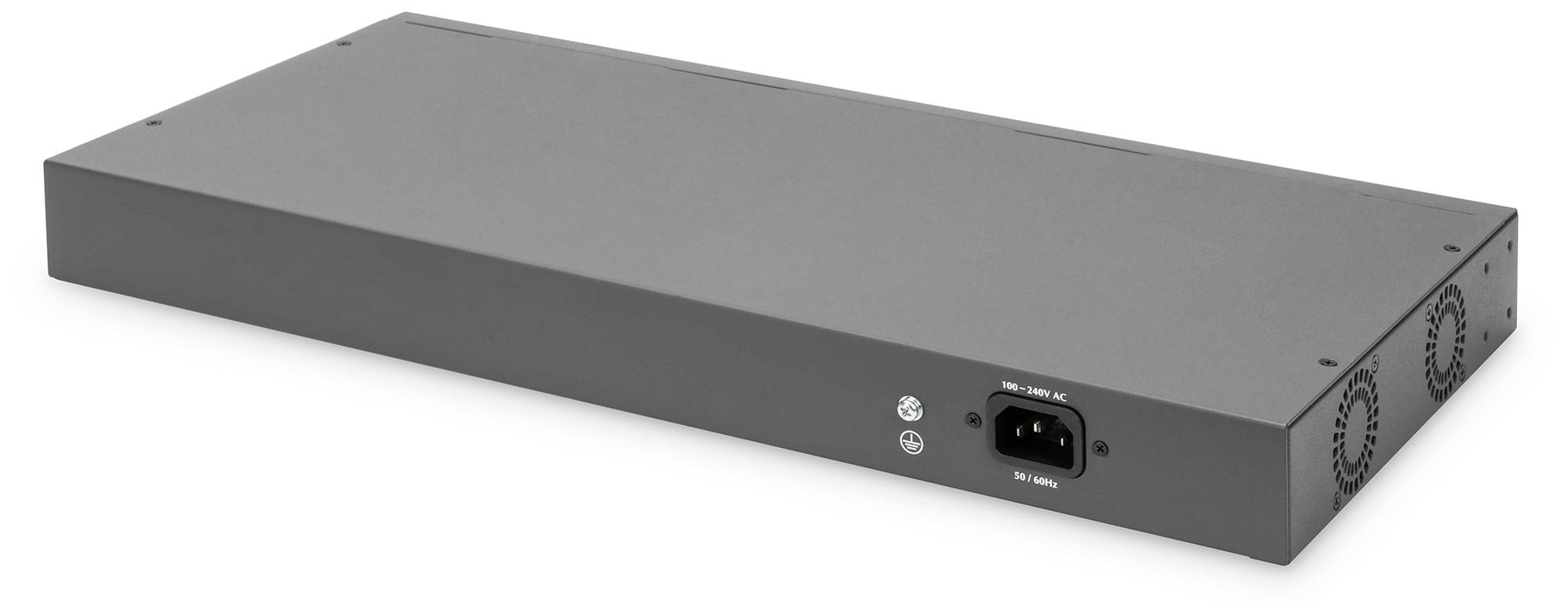 'Ein rechteckiges, graues elektronisches Gerät mit Belüftungsschlitzen und Stromanschluss auf der Rückseite.'