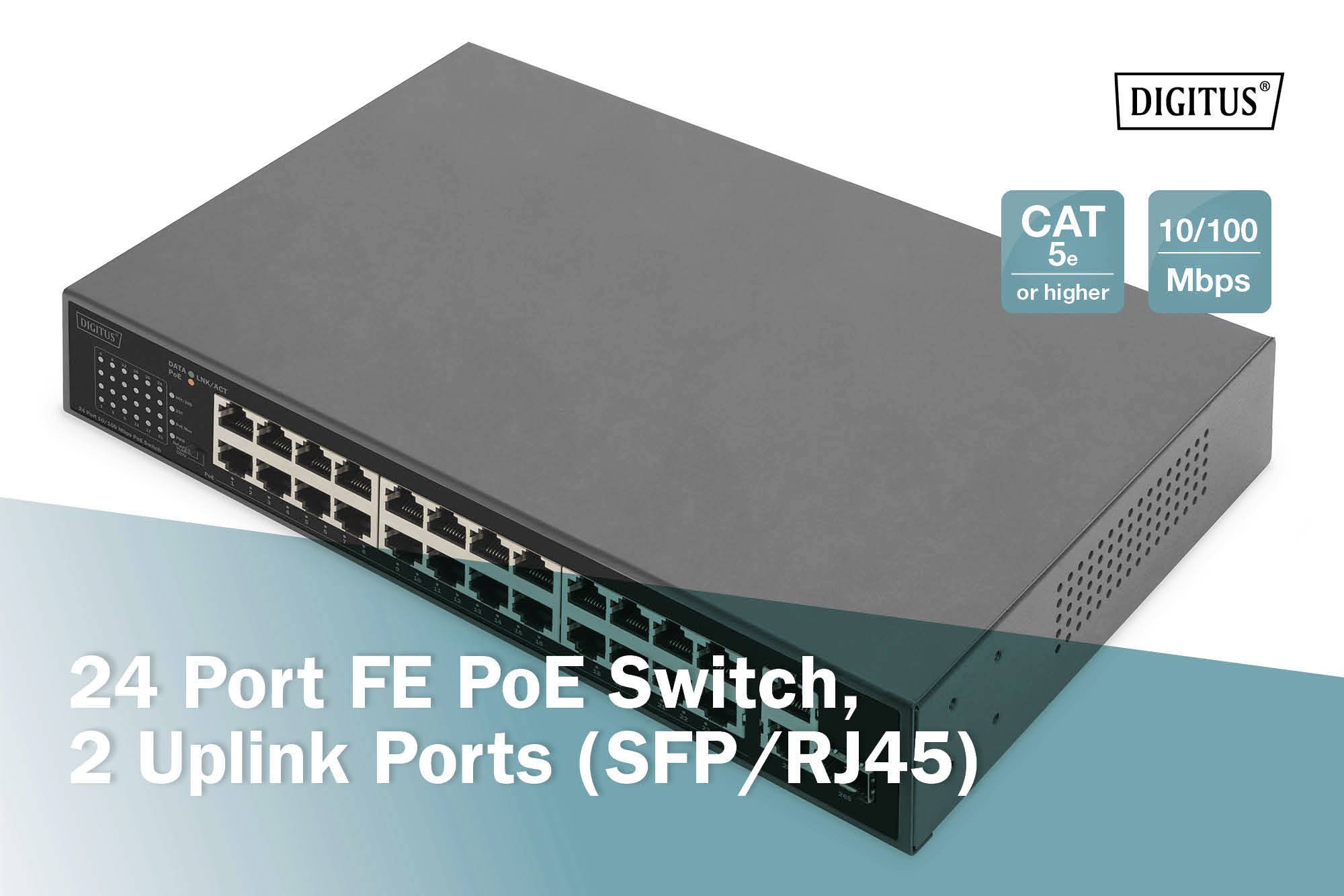 24-Port Fast Ethernet PoE-Switch mit 2 Uplink-Ports (SFP/RJ45), geeignet für CAT 5e oder höhere Kabel, unterstützt 10/100 Mbps.