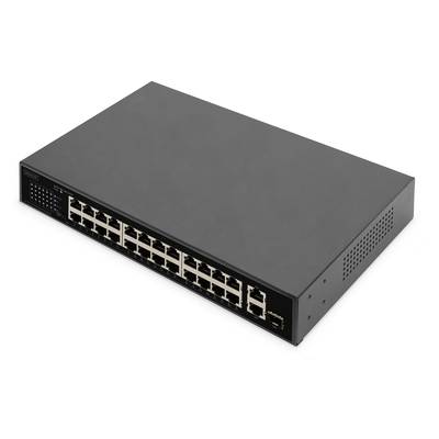Ein schwarzer Netzwerk-Switch mit 24 Ethernet-Ports und 2 zusätzlichen Ports für SFP-Module, verwendet zur Netzwerkverbindung.