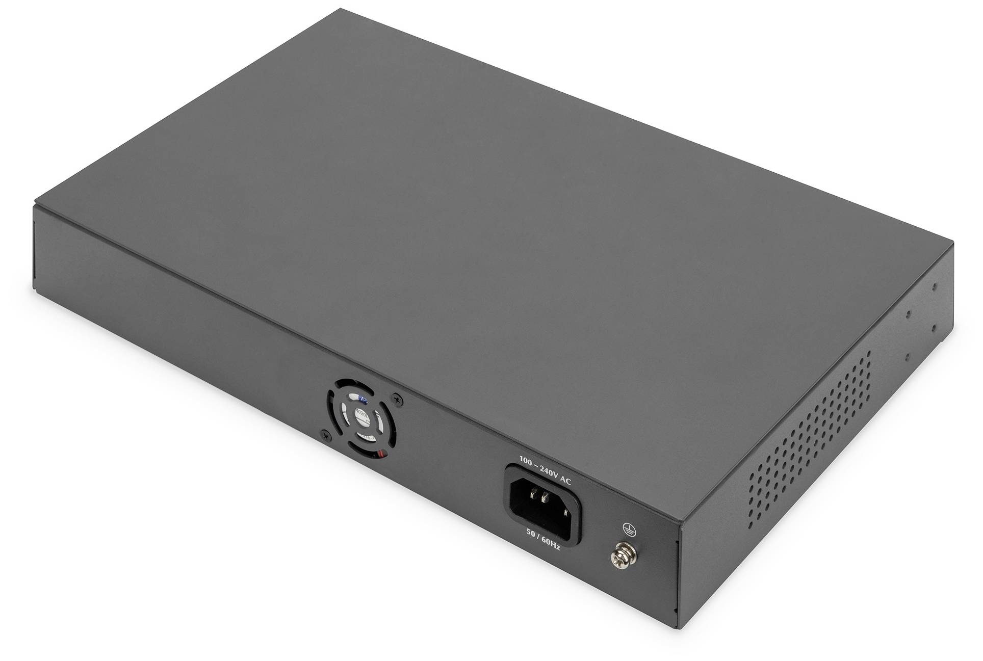 Ein rechteckiger, flacher, schwarzer elektronischer Netzwerk-Switch mit einem Lüfter und Stromanschluss auf der Seite.