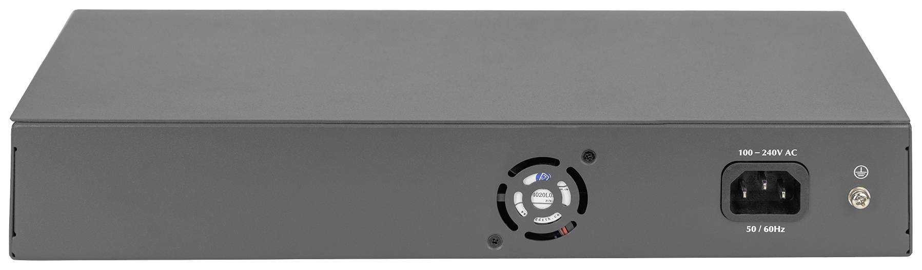 Schwarzer elektronischer Netzwerkschalter mit Lüfter und Stromanschluss auf der Rückseite. Geeignet für Spannungen von 100 bis 240 V AC.