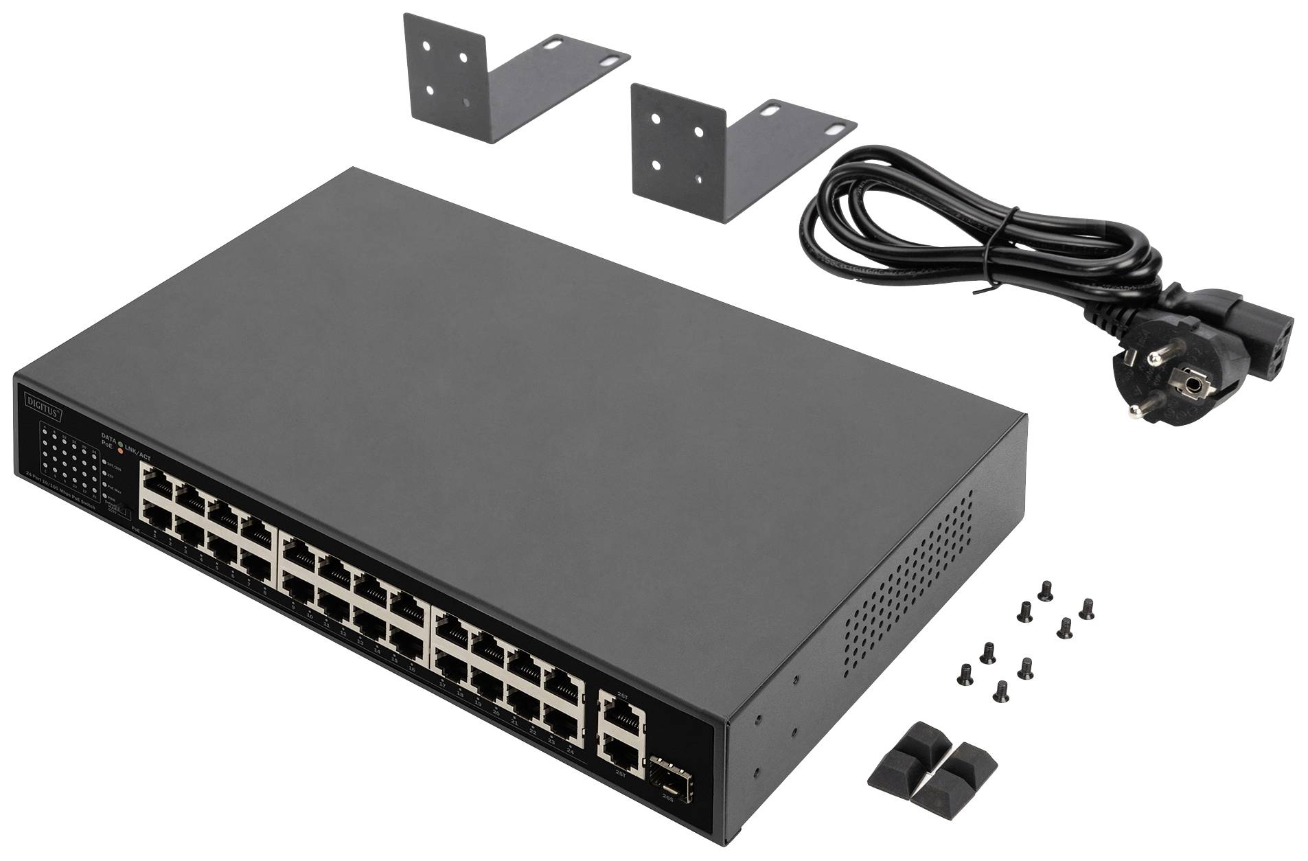 Schwarzer Netzwerkswitch mit 24 Ethernet-Ports, Zubehör wie Montagewinkel, Netzwerkkabel und Schrauben. Geeignet für Netzwerkinstallationen.
