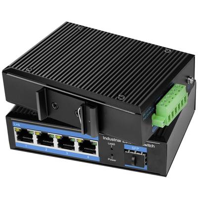 Industrieller Ethernet-Switch mit vier PoE-Anschlüssen und einem SFP-Port, für den Einsatz in Netzwerkumgebungen.
