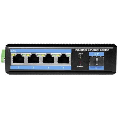 'Industrieller Ethernet-Switch mit vier Ethernet-Anschlüssen und einem SFP-Port links. LED-Anzeigen zeigen Link- und Stromstatus an.'